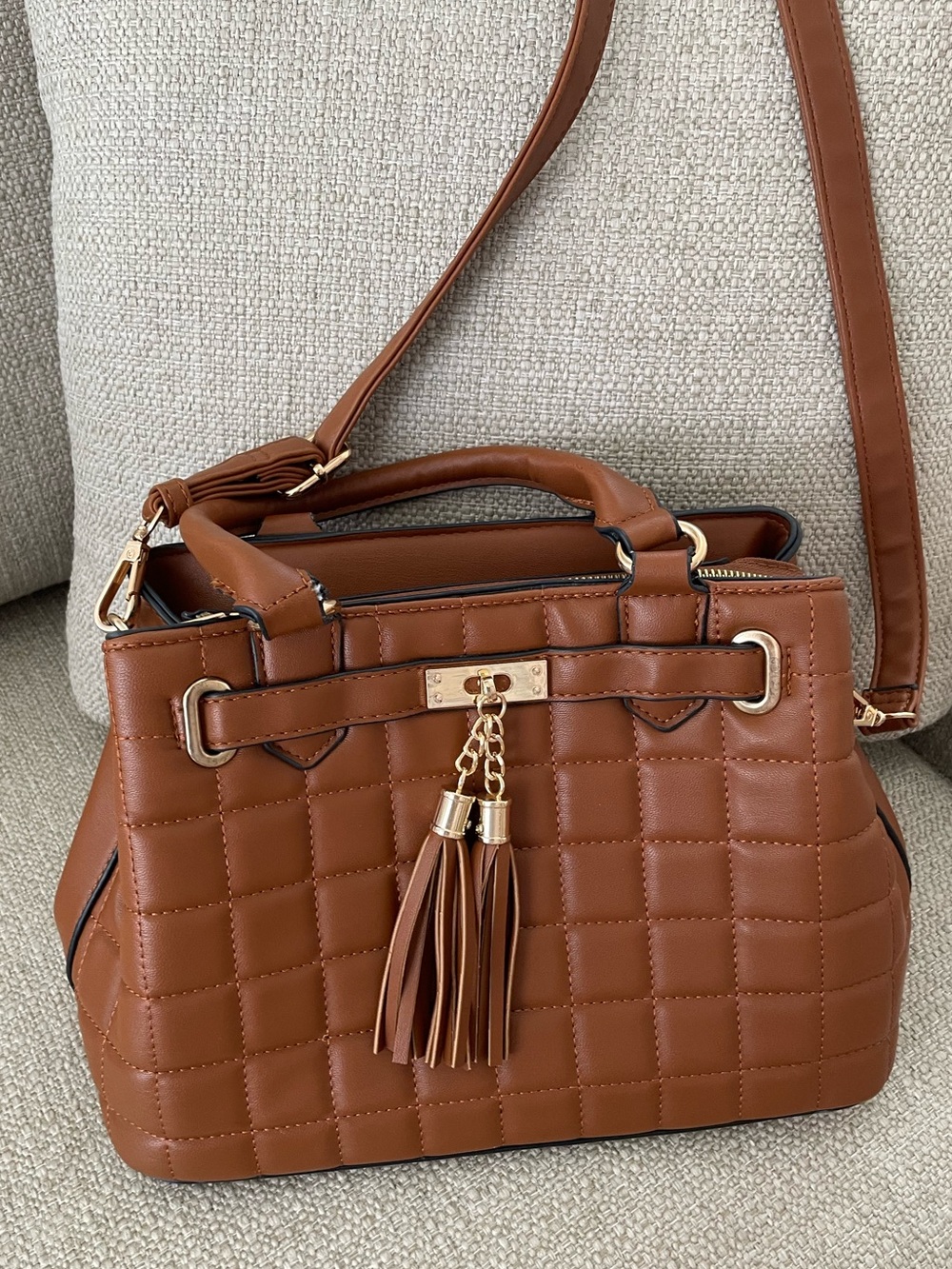 Quilted Tassel Satchel Handbag - Brown